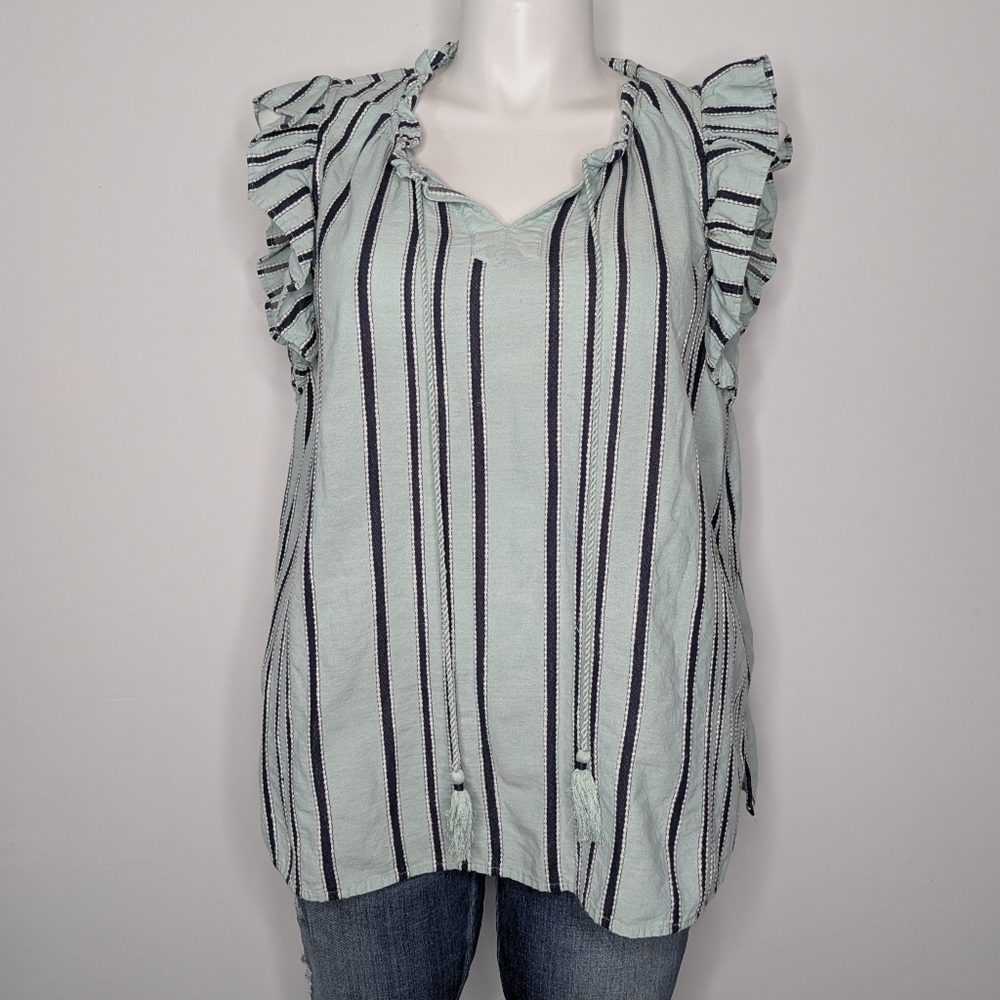 Lane Bryant Blue Striped Ruffle Tie Neck Sleeveless Cotton Tank Blouse 20